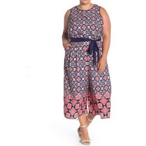 VINCE CAMUTO | Navy and Orange Floral Tile Crop Jump Suit